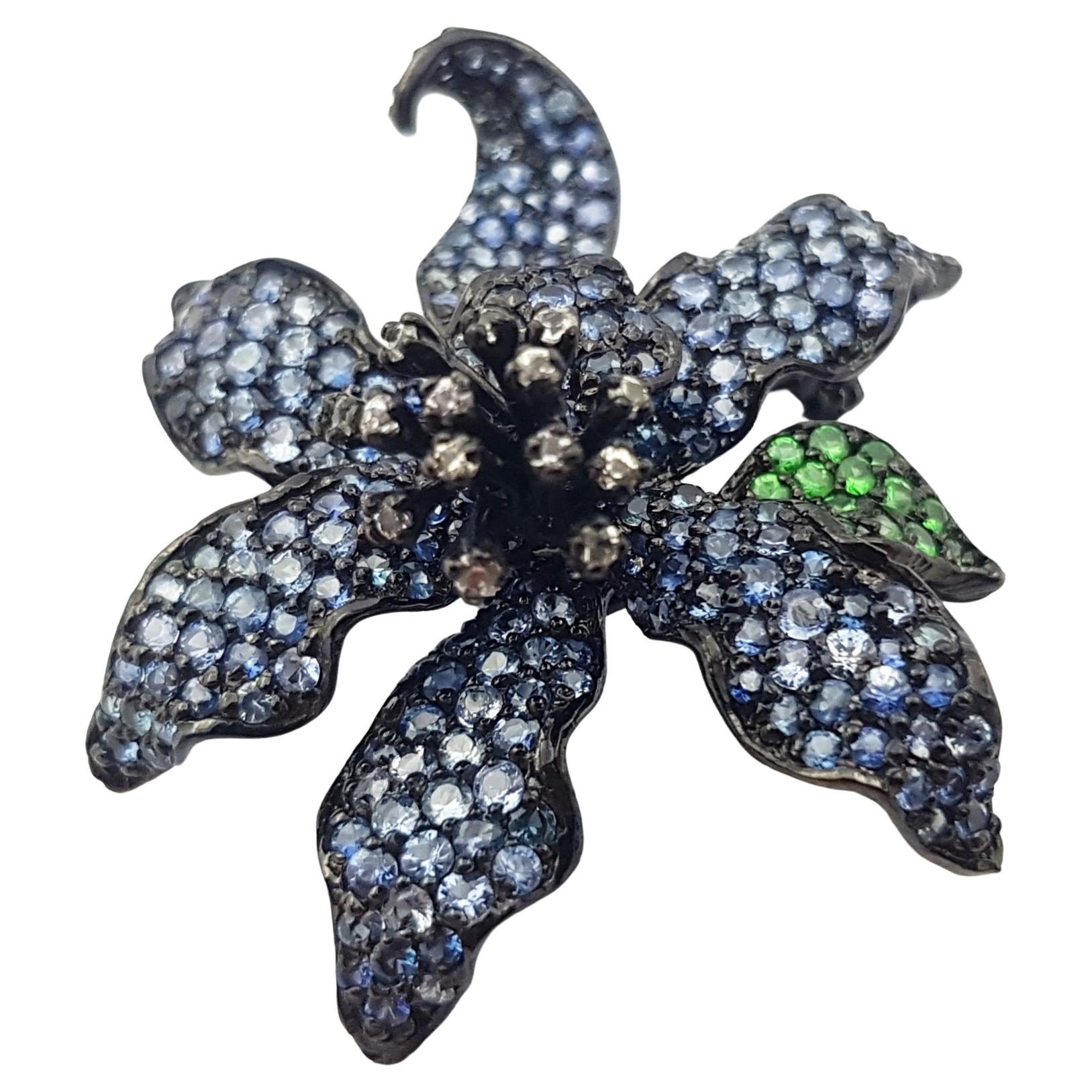 Black Sapphire, White Sapphire and Tsavorite Pendant/Brooch in Silver Settings For Sale