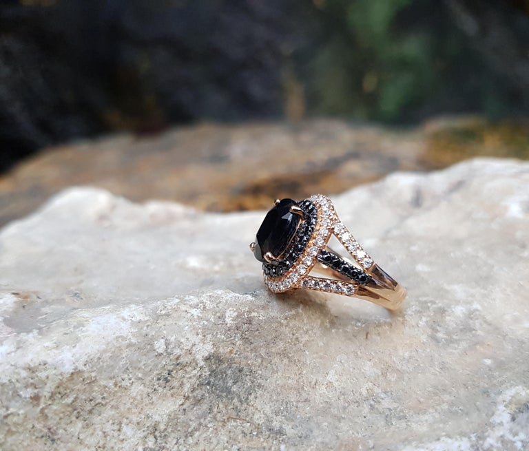Women's Black Sapphire with Black Diamond and Diamond Rings Set in 18 Karat Rose Gold For Sale