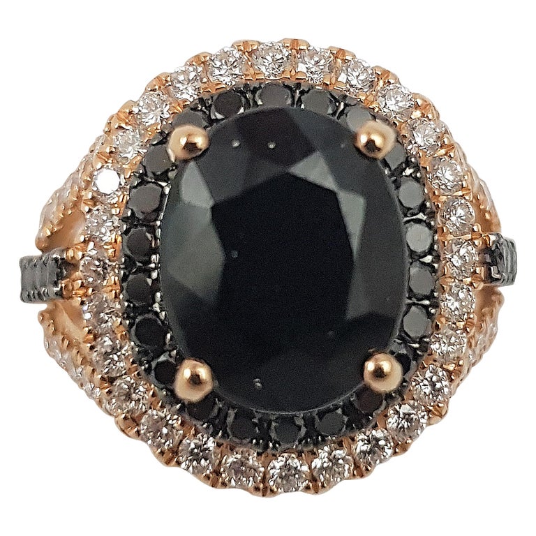 Black Sapphire with Black Diamond and Diamond Rings Set in 18 Karat Rose Gold For Sale