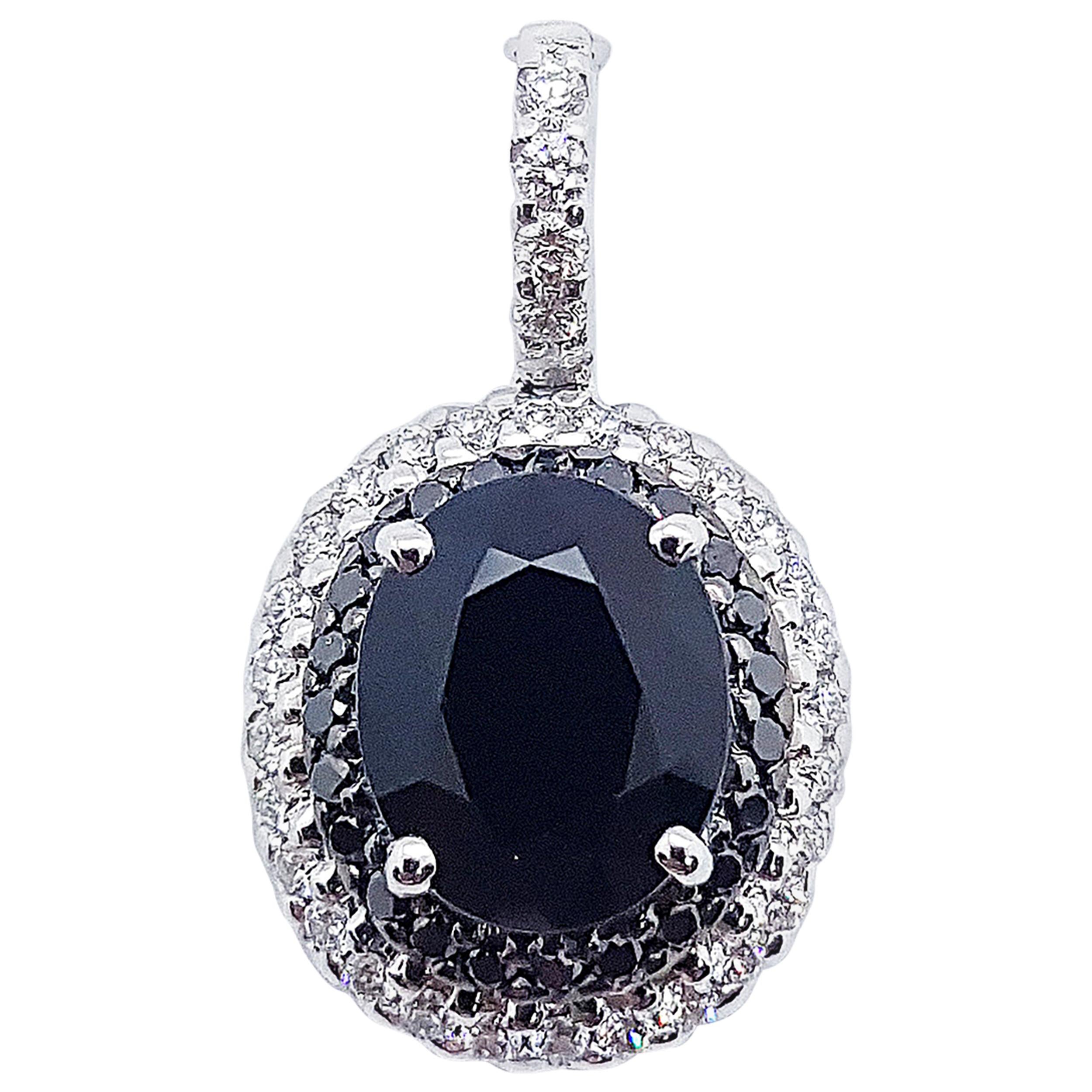Black Sapphire with Diamond and Black Diamond Pendant Set in 18 Karat White Gold For Sale