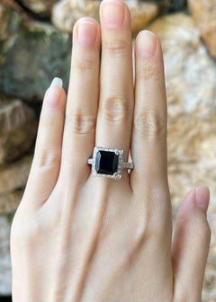 Black Sapphire with Diamond Ring set in 18K White Gold Settings