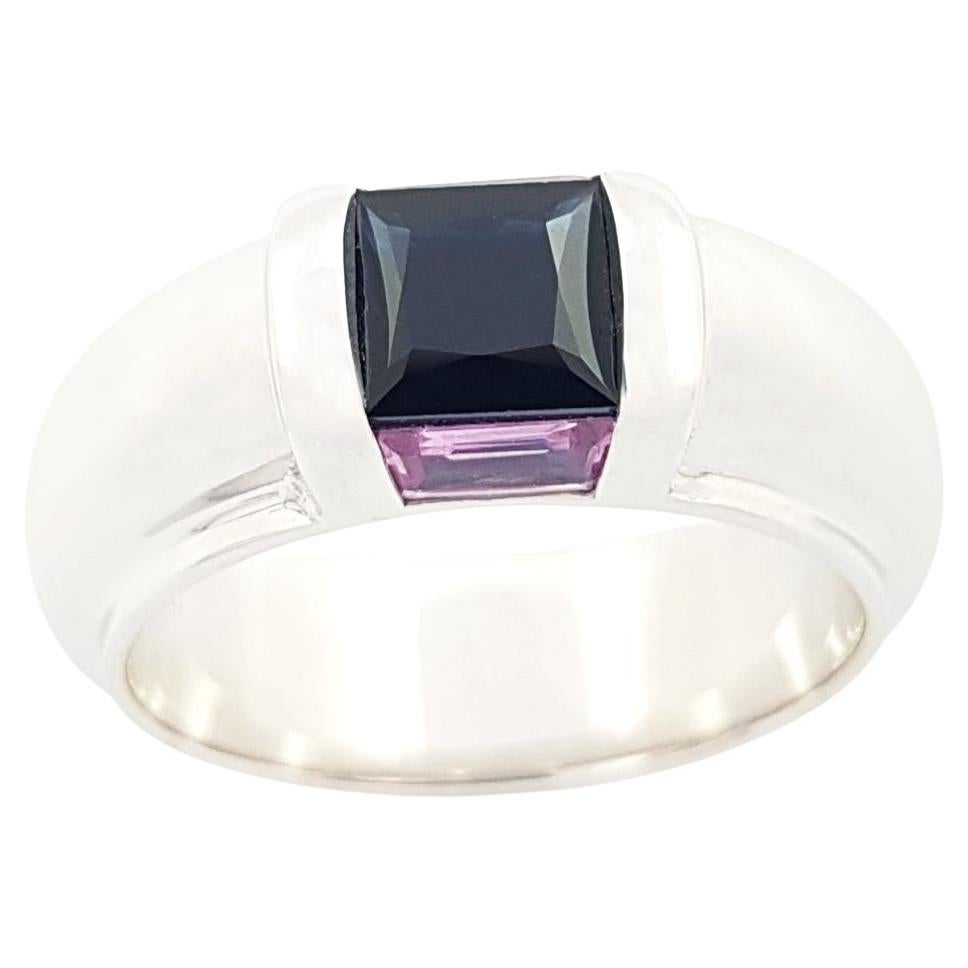 Black Sapphire with Pink Sapphire Ring set in 18K White Gold Settings For Sale