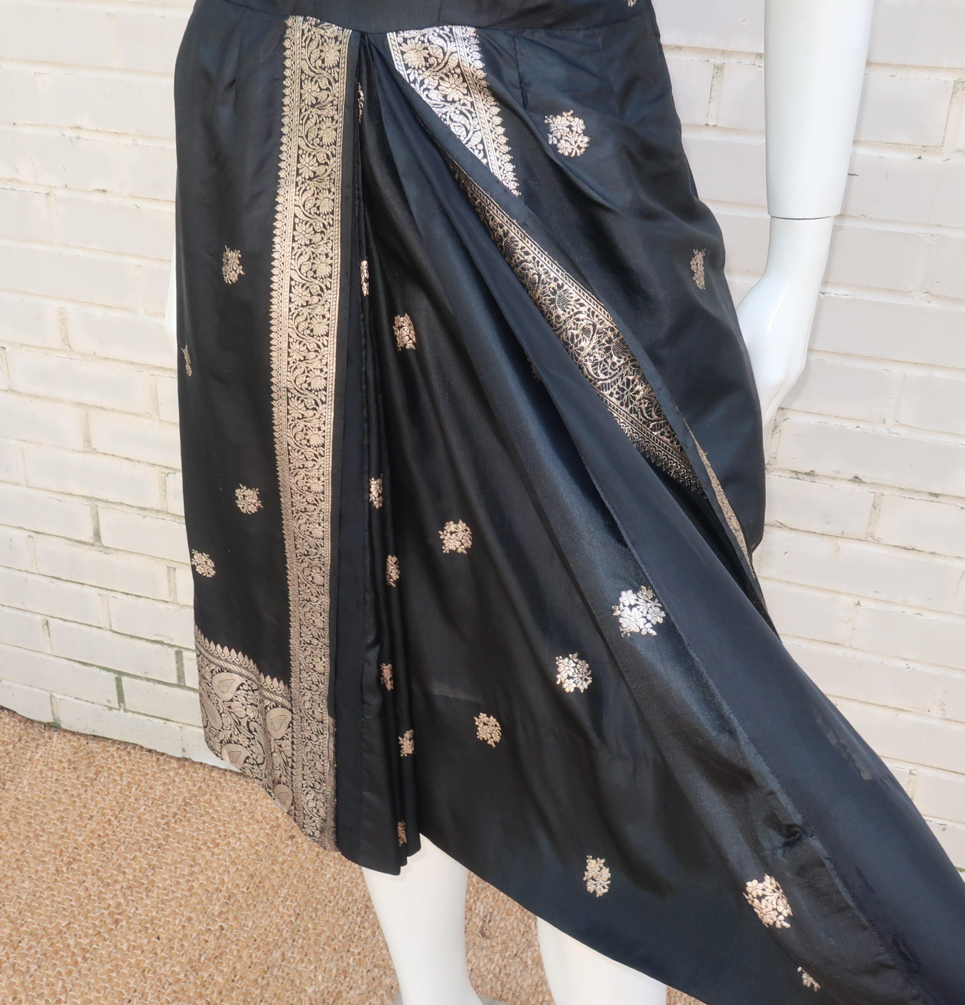 Women's Black Sari Style Silk Cocktail Dress With Metallic Accents, 1950's