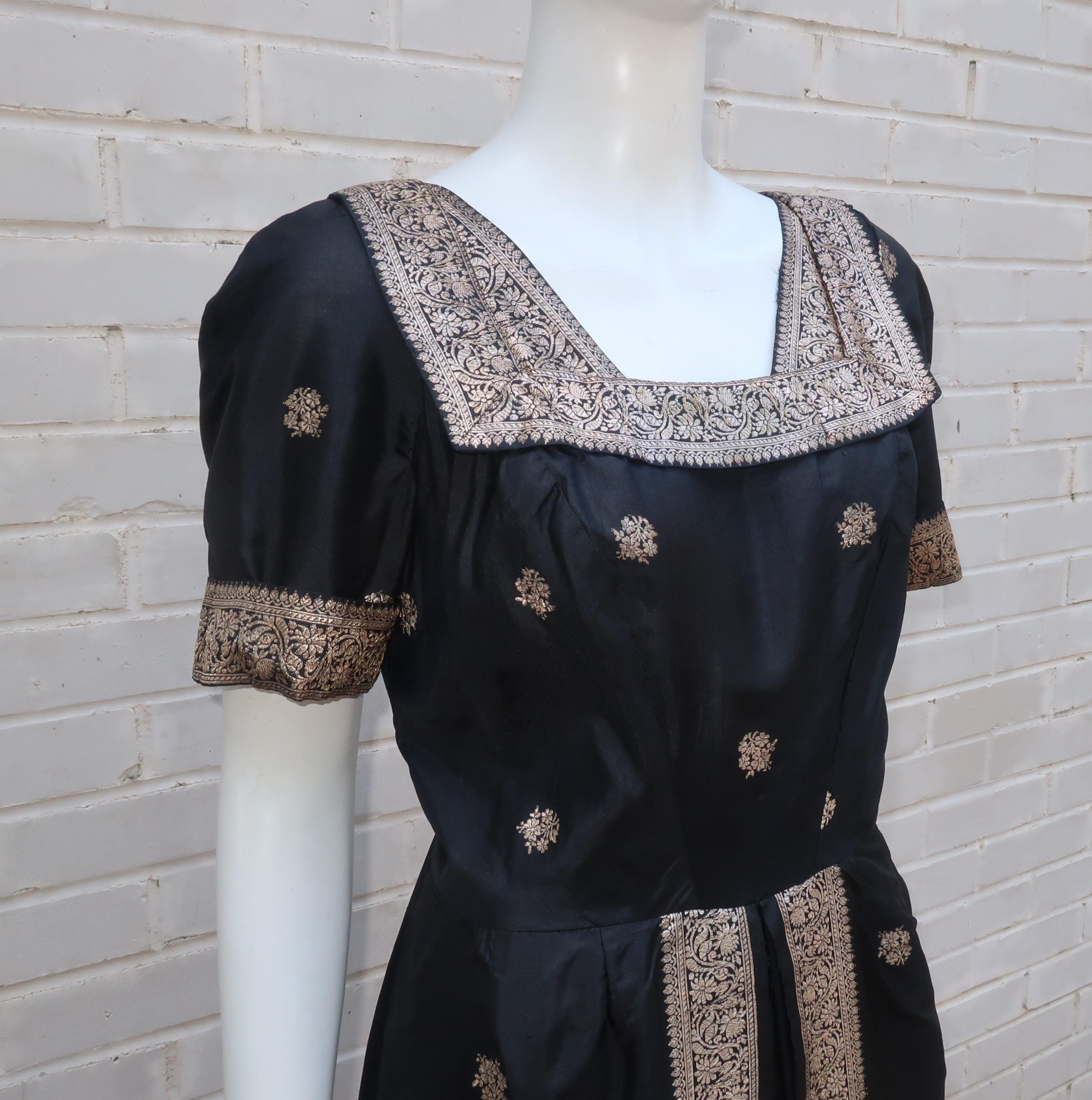 Black Sari Style Silk Cocktail Dress With Metallic Accents, 1950's 1
