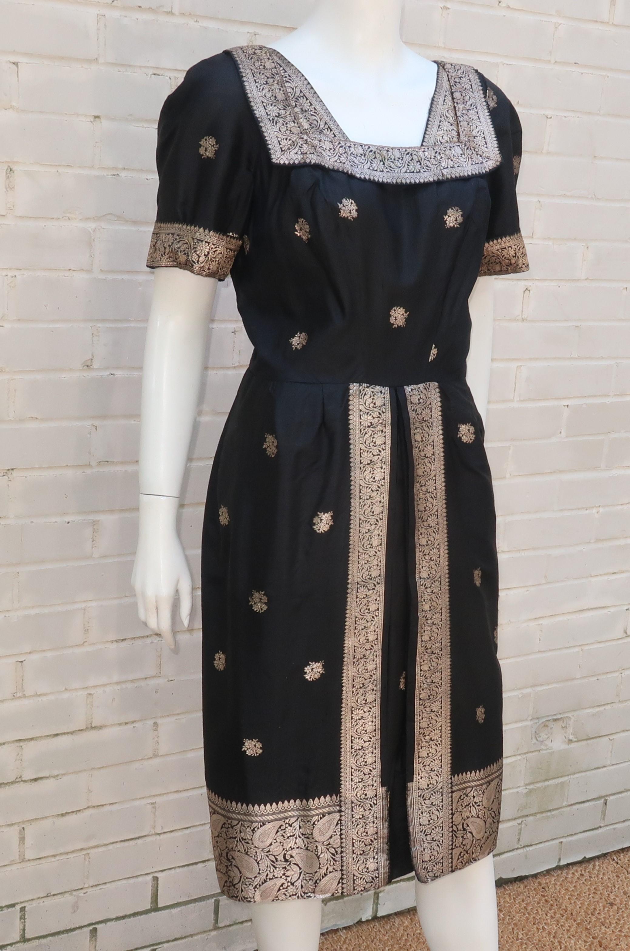Black Sari Style Silk Cocktail Dress With Metallic Accents, 1950's 2