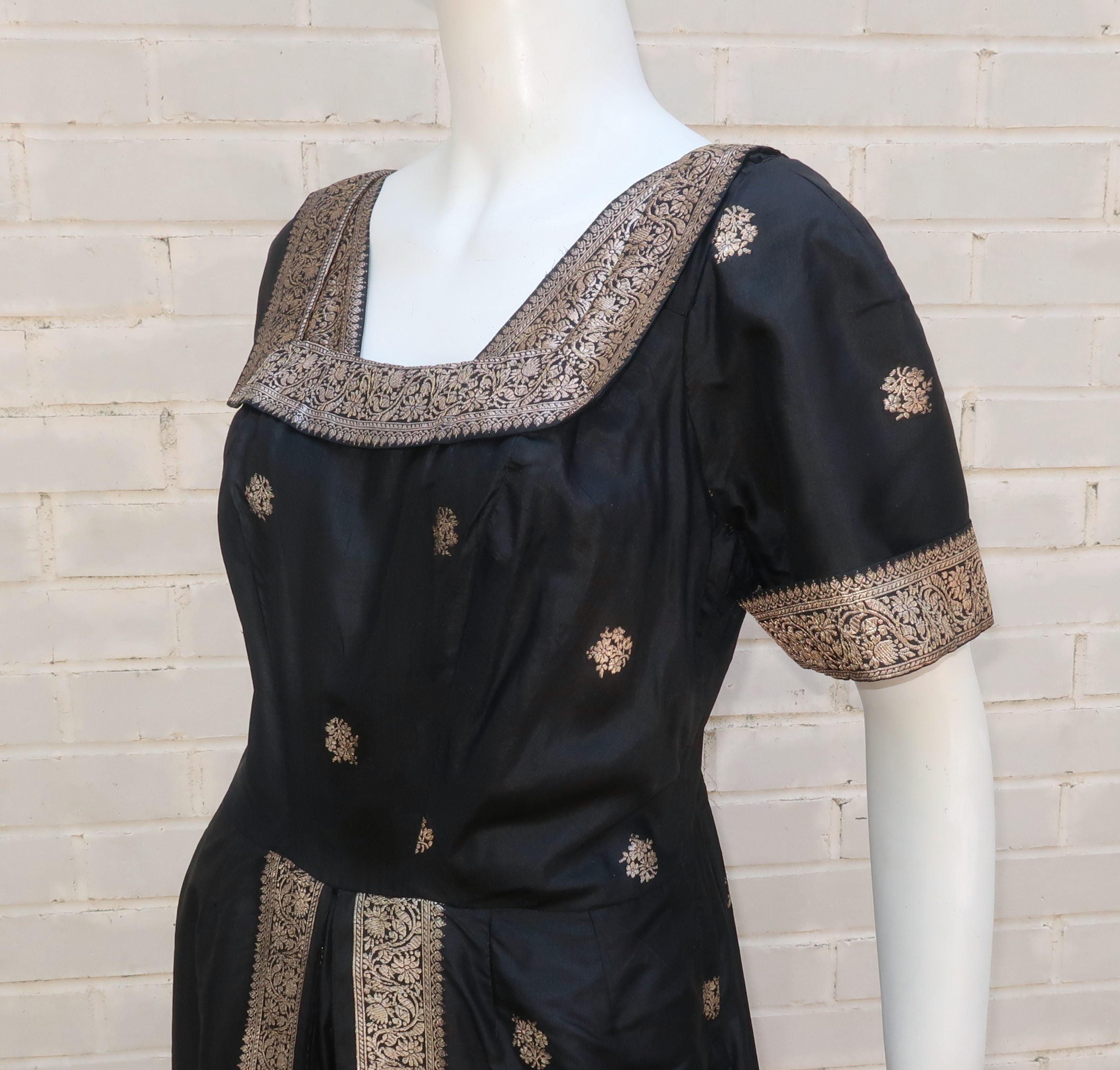 Black Sari Style Silk Cocktail Dress With Metallic Accents, 1950's 3