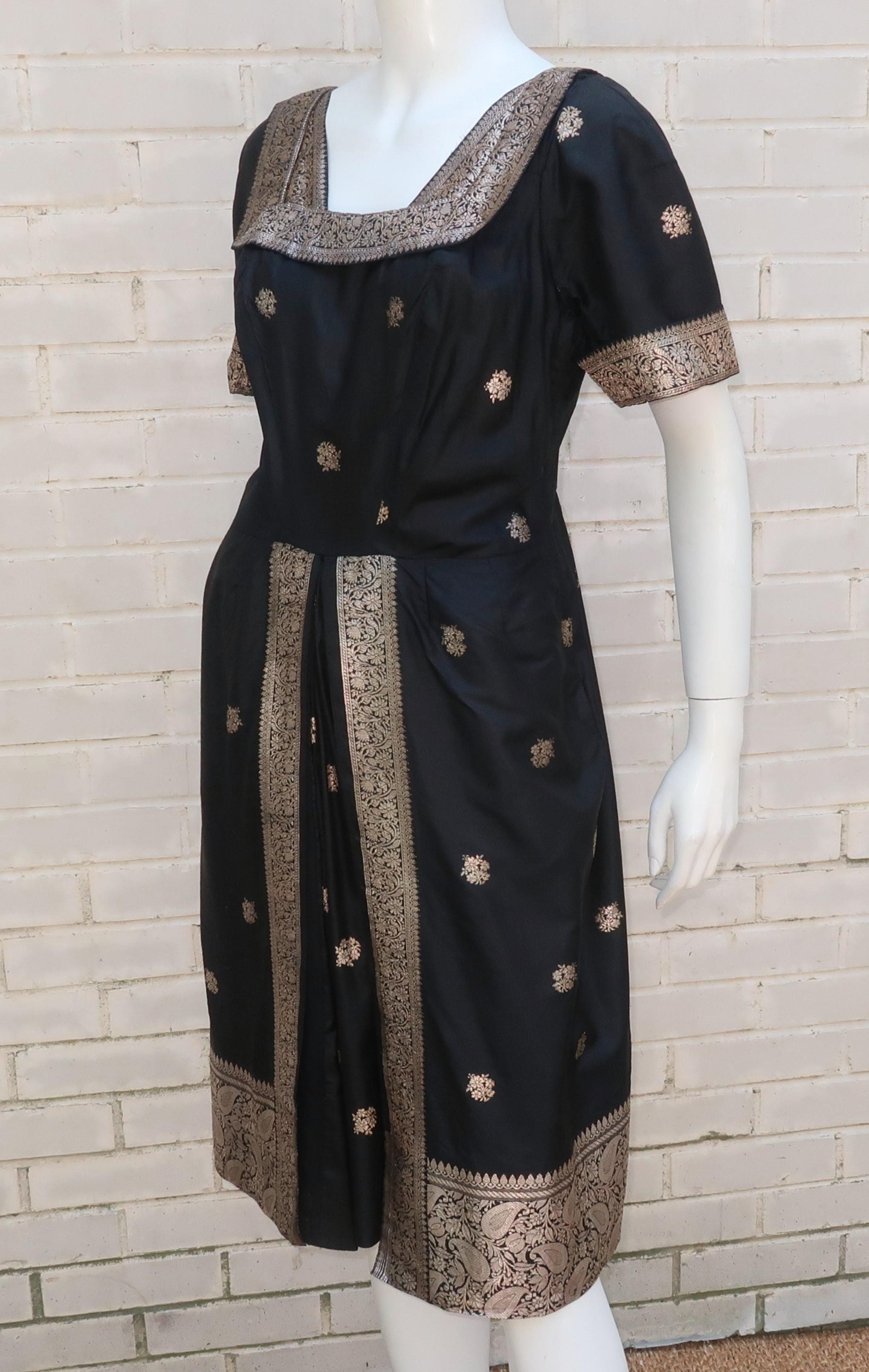 Black Sari Style Silk Cocktail Dress With Metallic Accents, 1950's 4