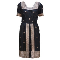 Black Sari Style Silk Cocktail Dress With Metallic Accents, 1950's