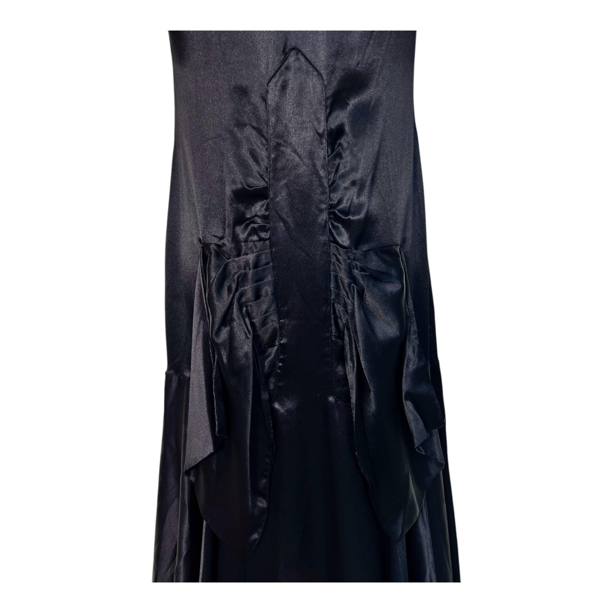 Black Satin Bias Cut Asymmetrical Hem Flapper Evening Dress, 1920s In Excellent Condition For Sale In Los Angeles, CA