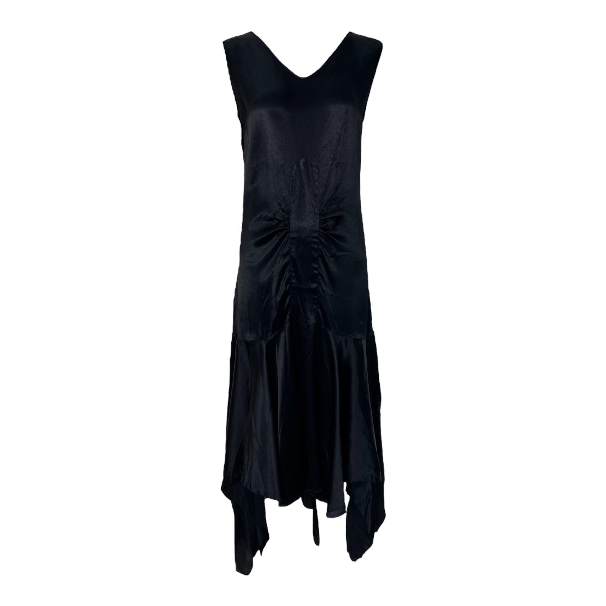 Black Satin Bias Cut Asymmetrical Hem Flapper Evening Dress, 1920s For Sale