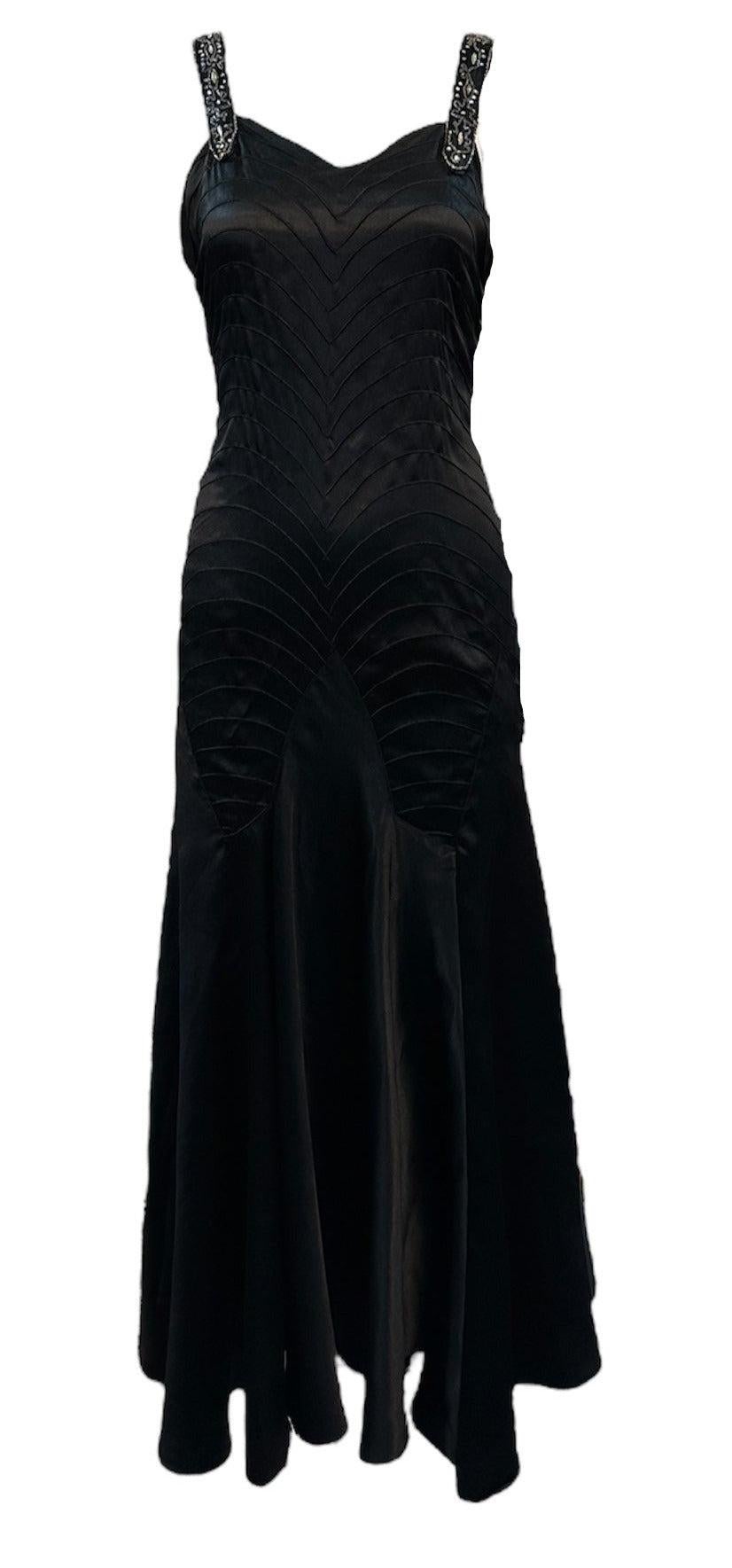 Black Satin Bias Cut Tea Length Gown with Matching Bolero Jacket, 1930s In Excellent Condition For Sale In Los Angeles, CA