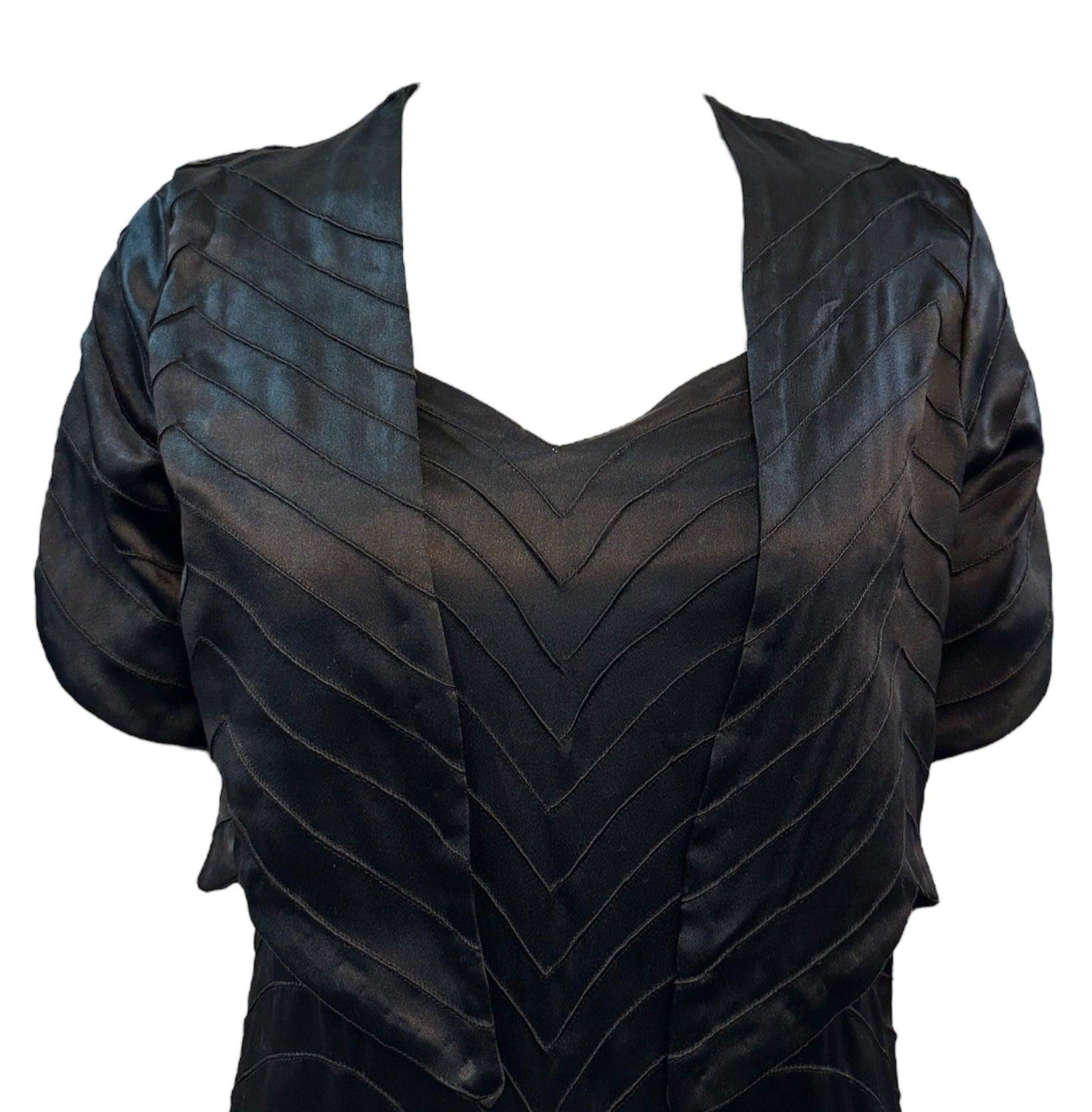 Women's Black Satin Bias Cut Tea Length Gown with Matching Bolero Jacket, 1930s For Sale