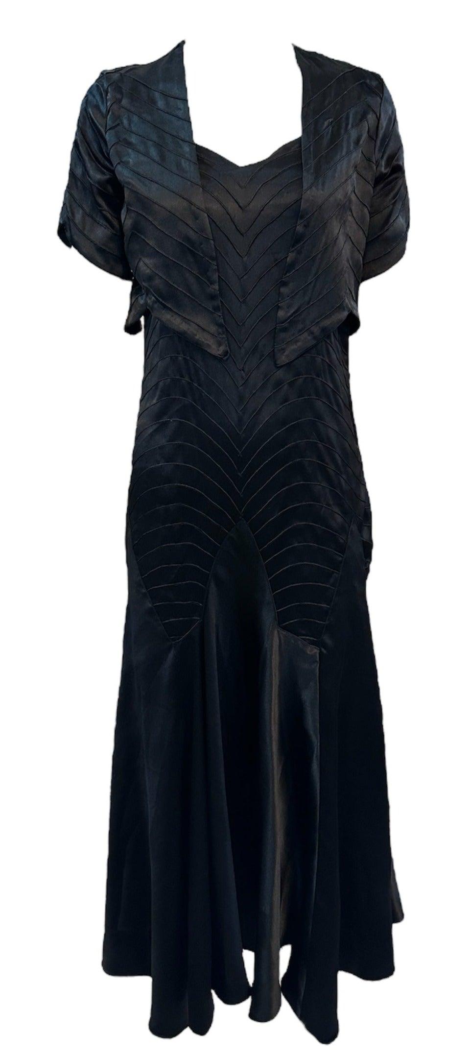 Black Satin Bias Cut Tea Length Gown with Matching Bolero Jacket, 1930s For Sale