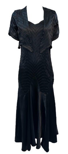 Black Satin Bias Cut Tea Length Gown with Matching Bolero Jacket, 1930s