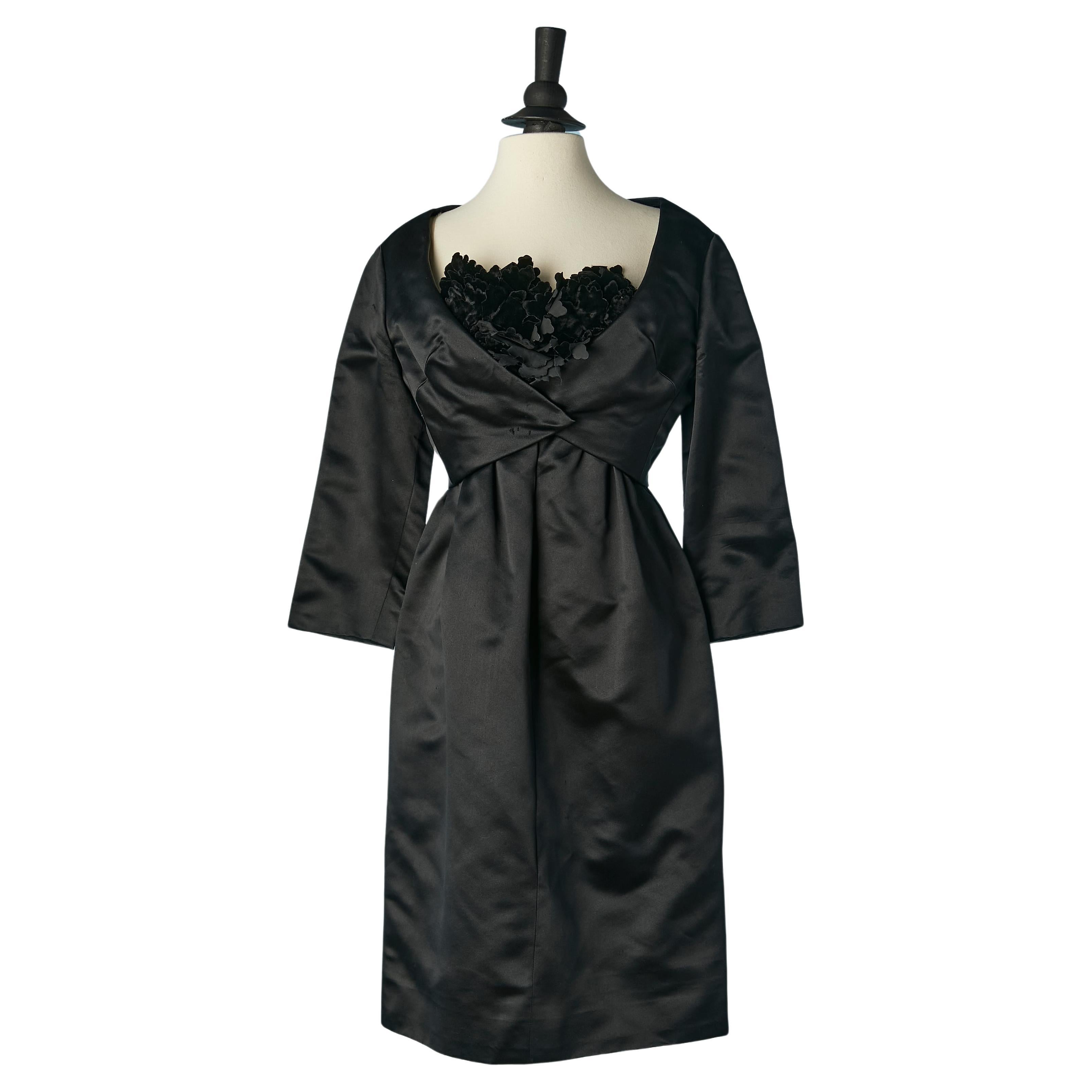 Black satin boléro and bustier dress  with velvet flowers Christian Dior  For Sale