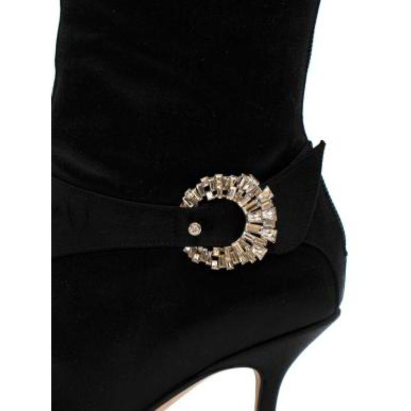 Black satin crystal-embellished long heeled boots In Good Condition For Sale In London, GB