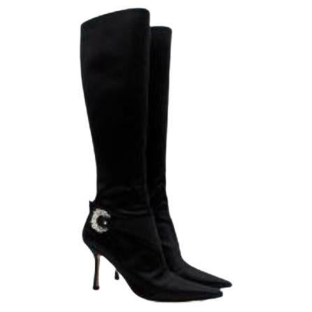 Black satin crystal-embellished long heeled boots For Sale