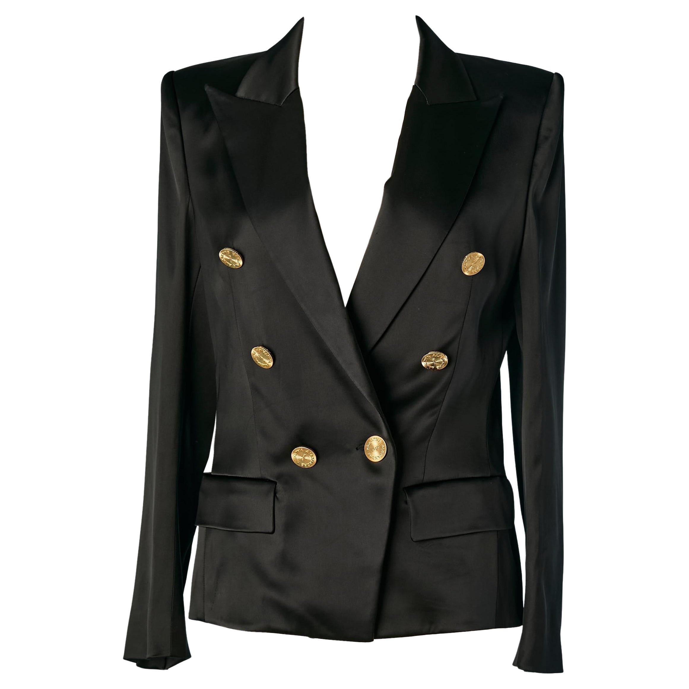Black satin double-breasted jacket with gold metal button ALEXANDRE VAUTHIER