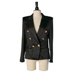 Black satin double-breasted jacket with gold metal button ALEXANDRE VAUTHIER