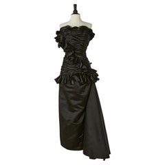 Black satin draped bustier evening dress with ruffles VICTOR COSTA for SAKS