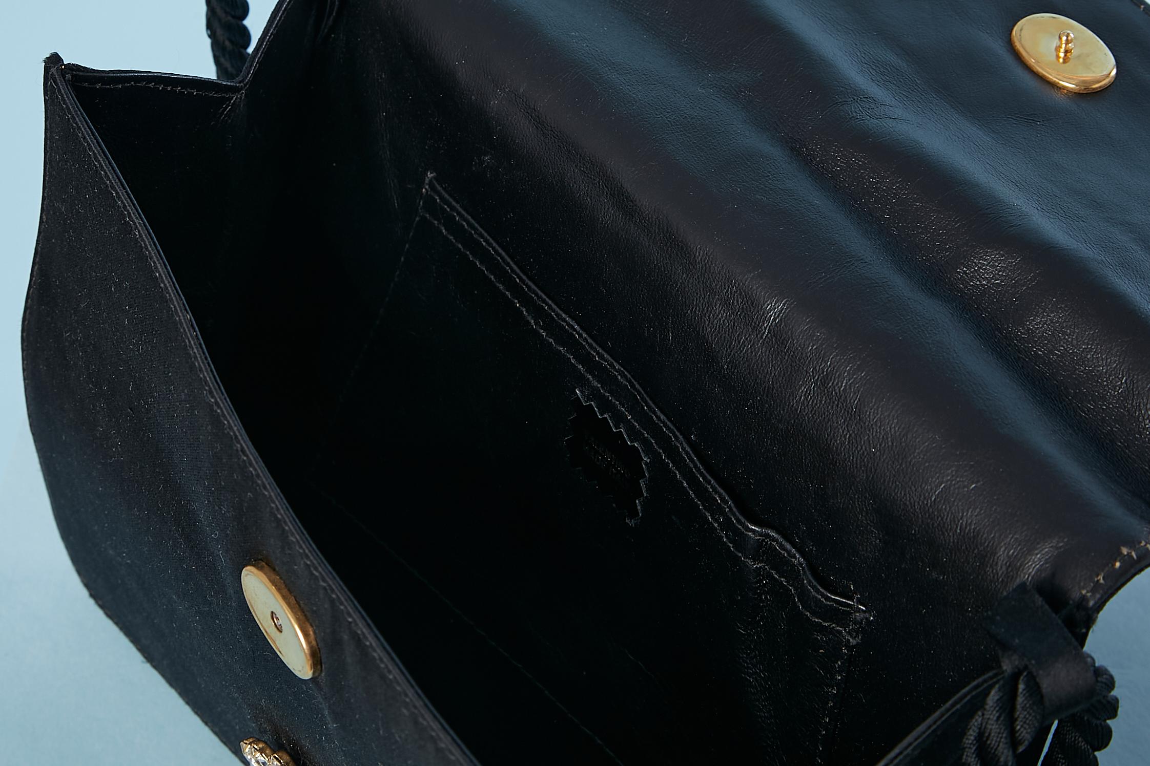 Black satin evening bag with rhinestone broches Valentino Circa 1970's  In Excellent Condition For Sale In Saint-Ouen-Sur-Seine, FR
