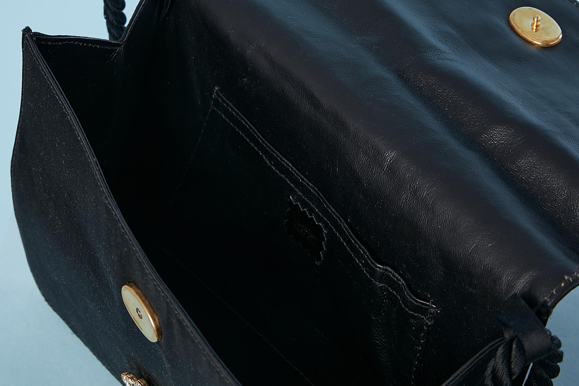 Black satin evening bag with rhinestone broches Valentino Circa 1970's In Excellent Condition For Sale In Saint-Ouen-Sur-Seine, FR