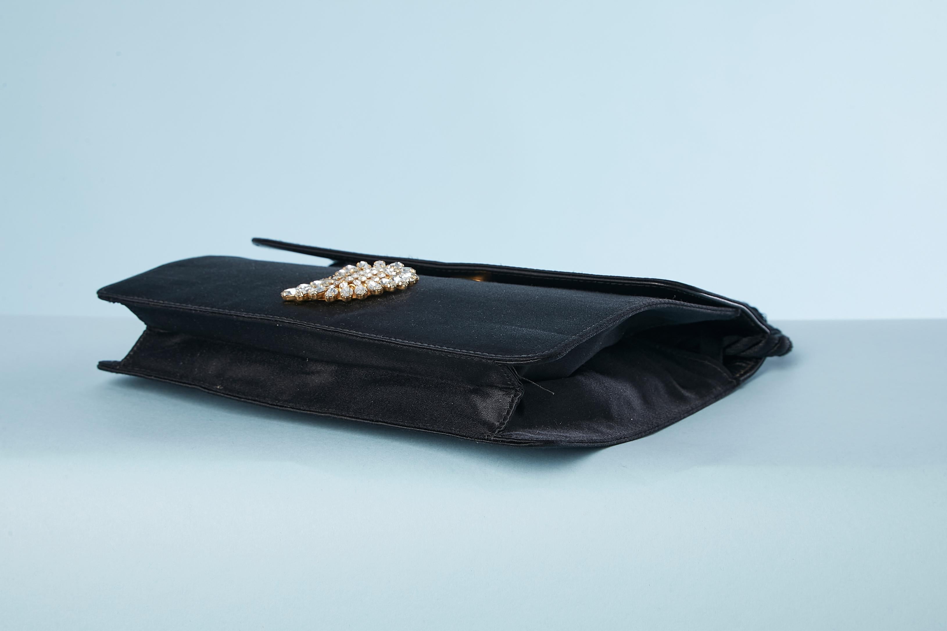 Women's Black satin evening bag with rhinestone broches Valentino Circa 1970's For Sale