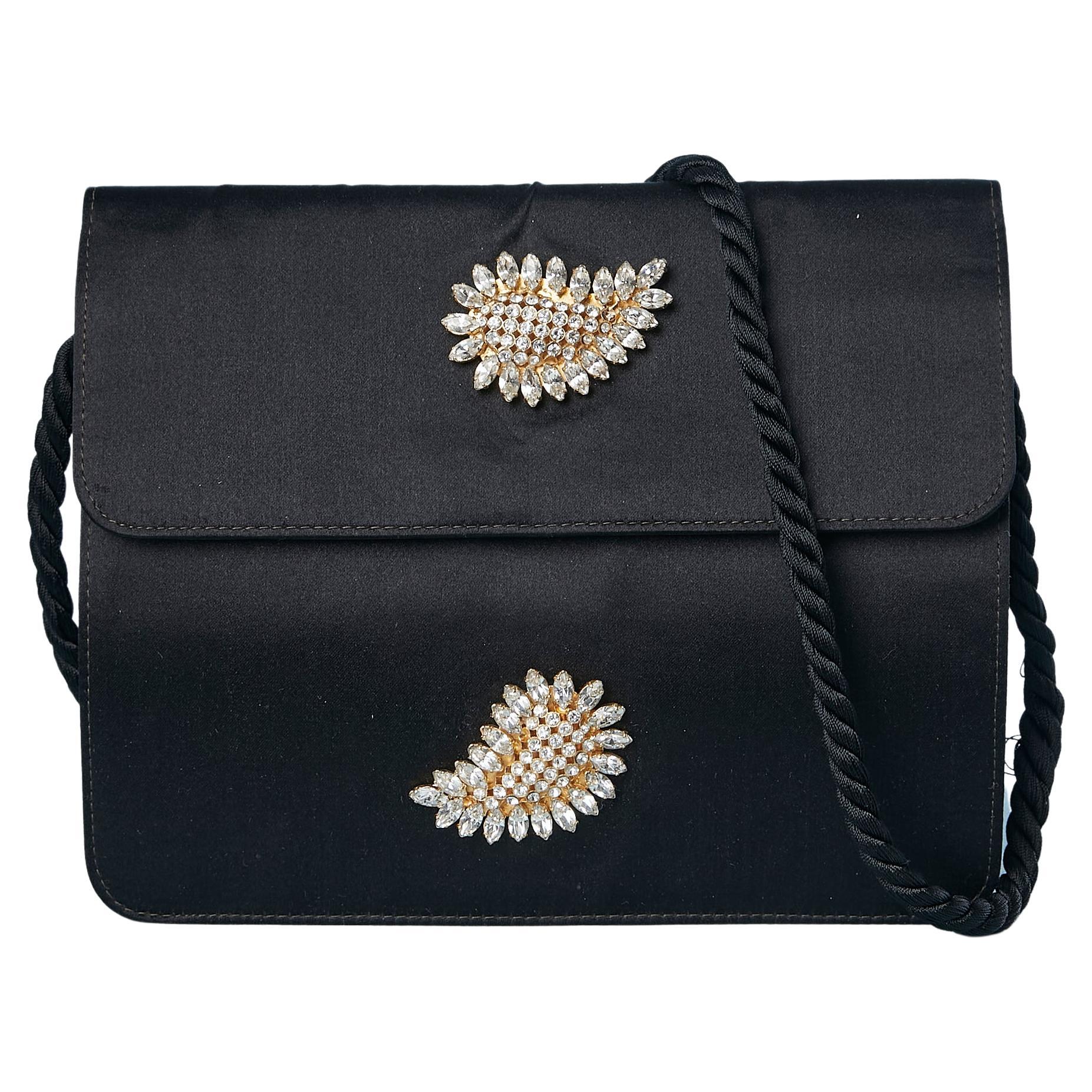 Black satin evening bag with rhinestone broches Valentino Circa 1970's  For Sale
