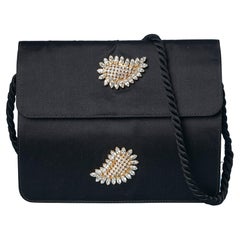 Vintage Black satin evening bag with rhinestone broches Valentino Circa 1970's 