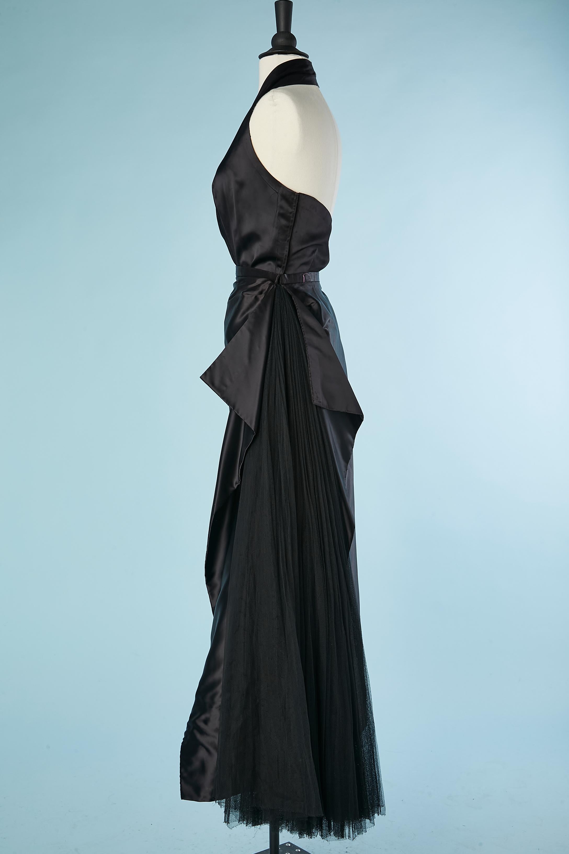 Black satin  evening ensemble with pleated tulle on the side Jacques Fath For Sale 4