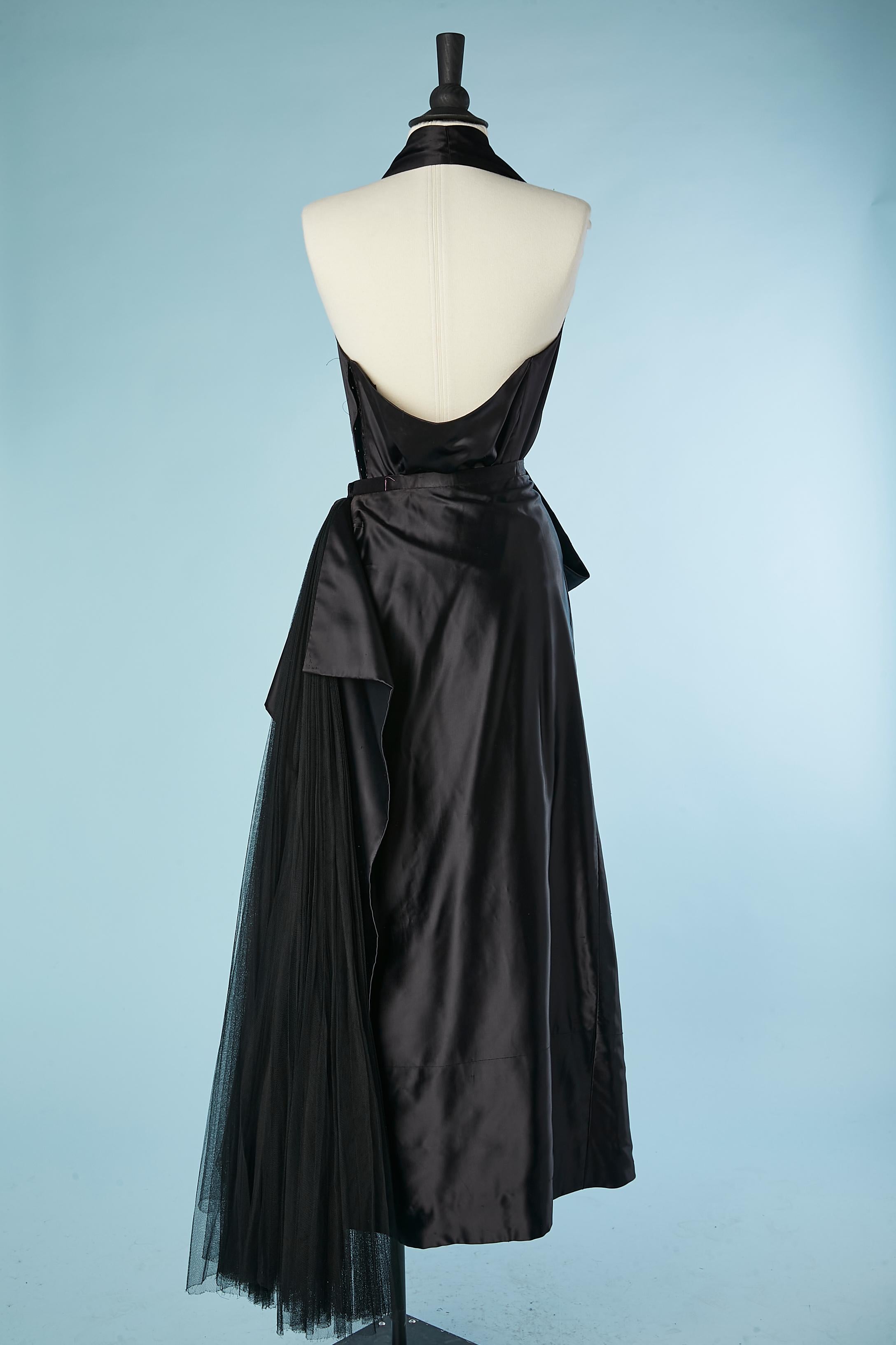 Black satin  evening ensemble with pleated tulle on the side Jacques Fath For Sale 5