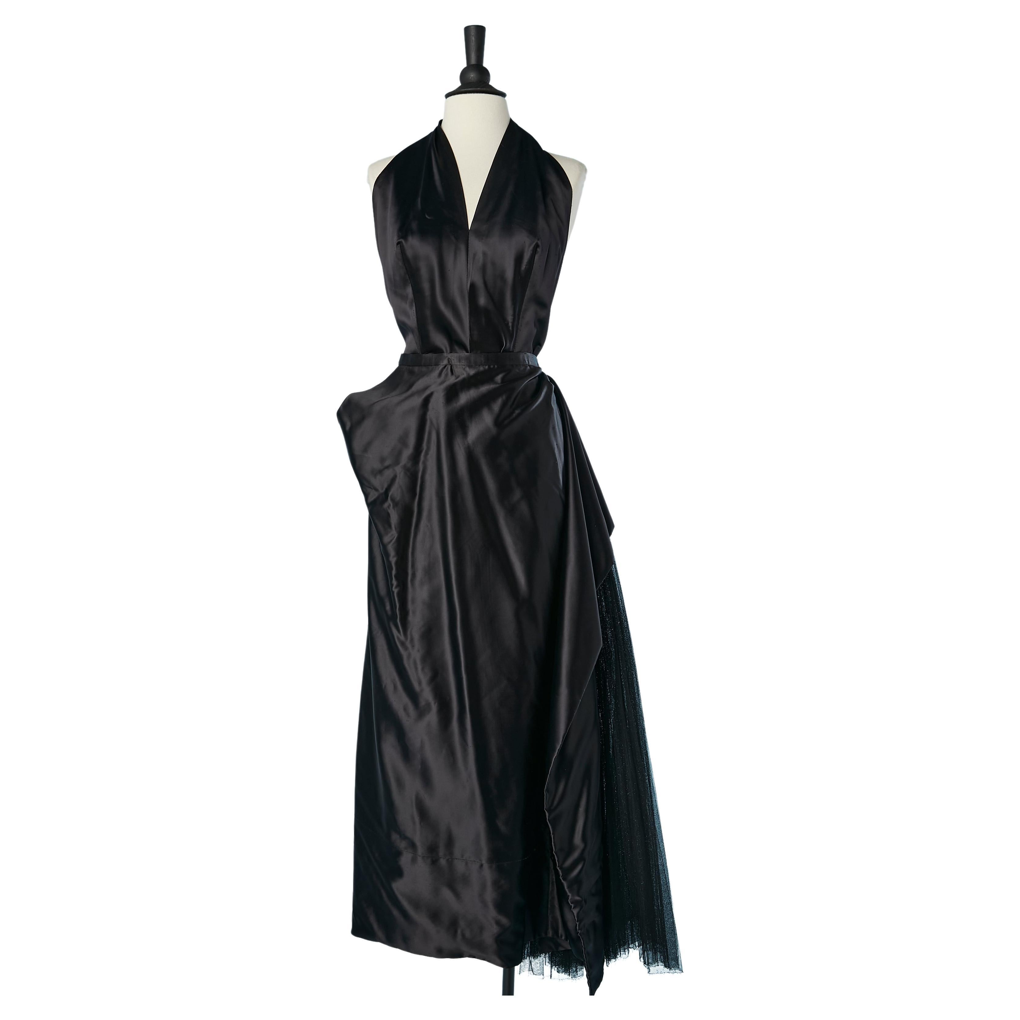 Black satin  evening ensemble with pleated tulle on the side Jacques Fath For Sale