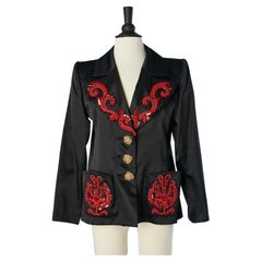 Black satin evening jacket with red embroideries Yves Saint Laurent Rive Gauche 