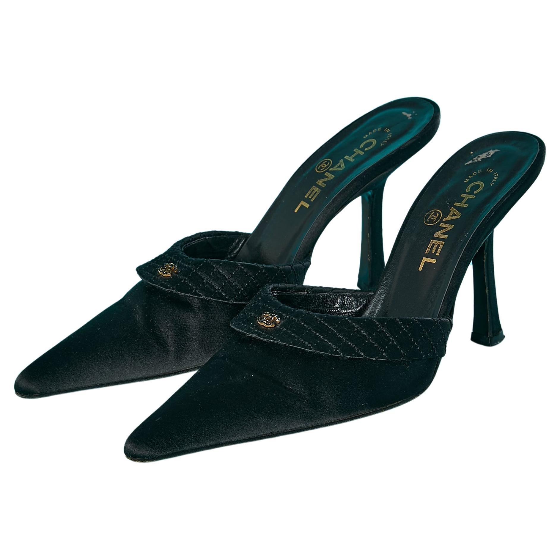 Black satin evening mules Chanel  For Sale