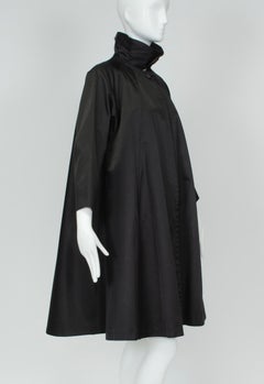 Black Satin Funnel Neck Raglan Trapeze Coat with 13-Foot Swing – S, 1960s