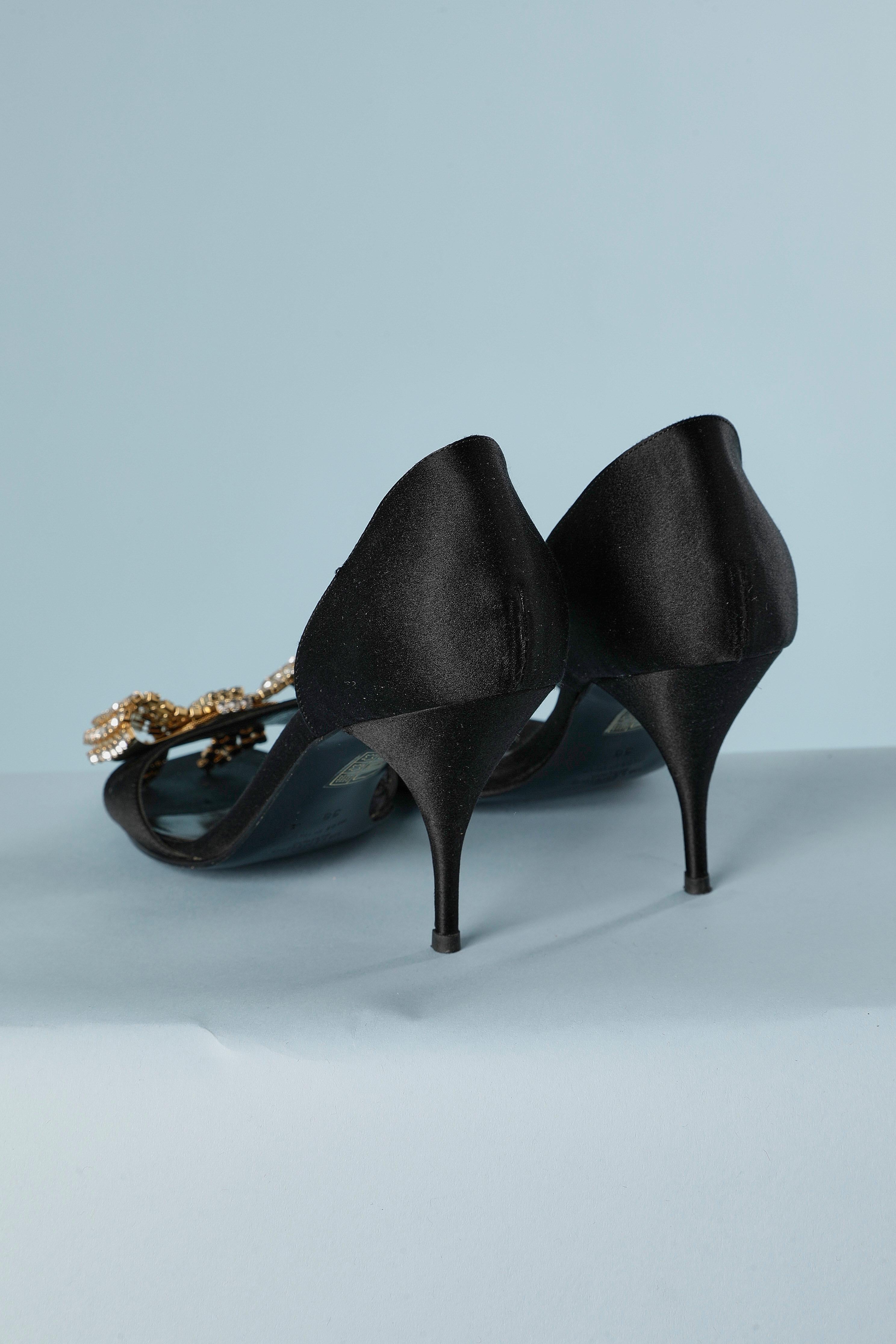 Black satin high heels sandals with rhinestone bow Valentino Garavani  In Excellent Condition For Sale In Saint-Ouen-Sur-Seine, FR