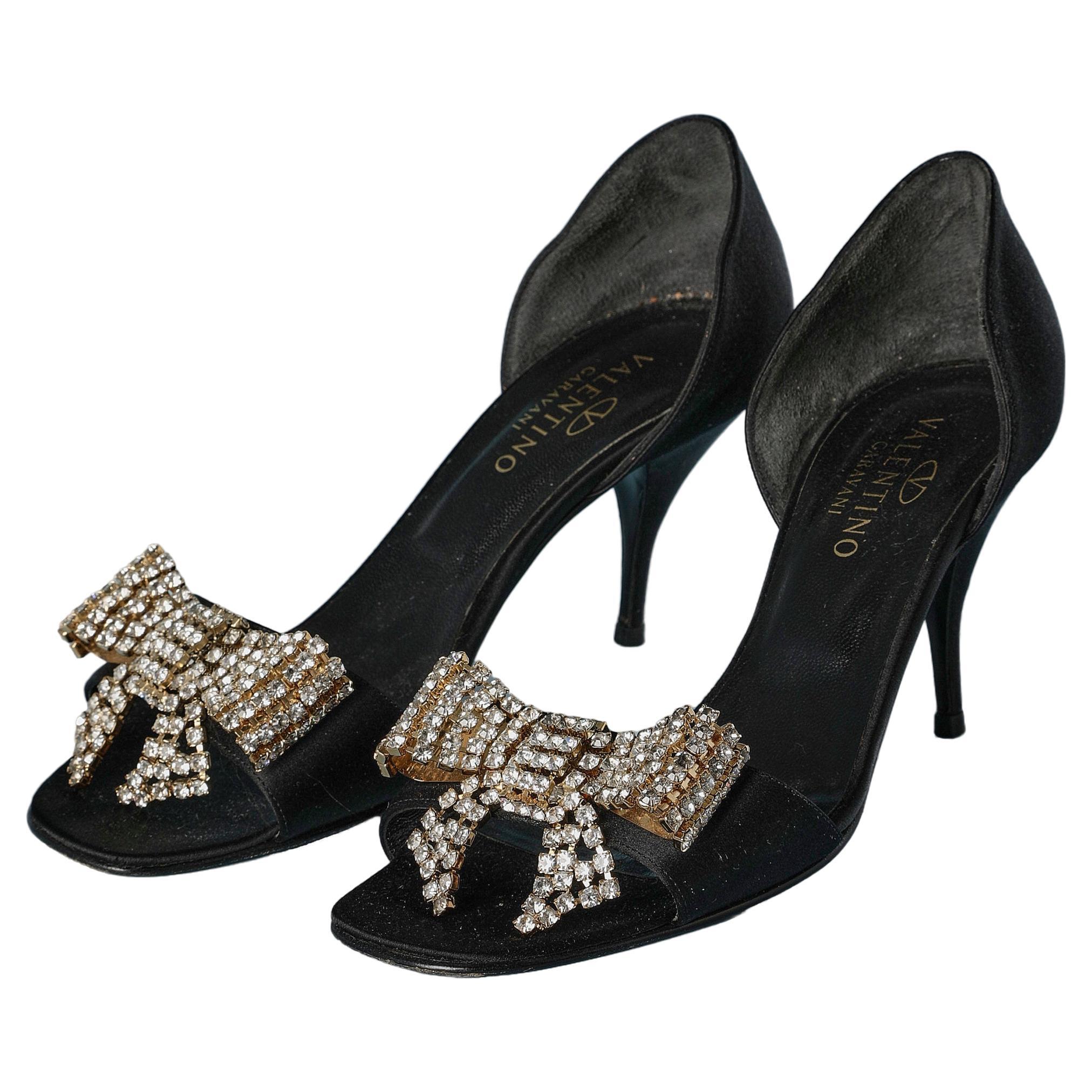 Black satin high heels sandals with rhinestone bow Valentino Garavani  For Sale