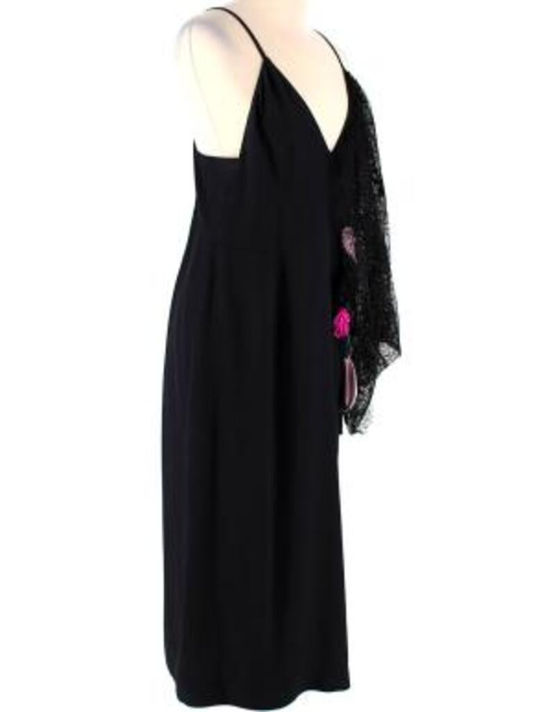 Prada black satin & lace floral applique slip dress
 

 - Black slip-style dress in satin with shoe string straps and lace trim
 - Decorative floral rosette applique in tones of pink
 - Concealed back zip 
 - Mid length
 

 Made in Italy
 Specialist