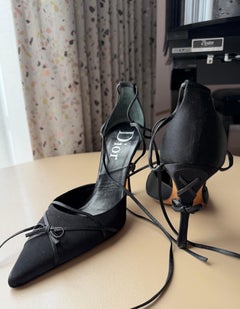 Black Satin Lace-Up Bow Pumps