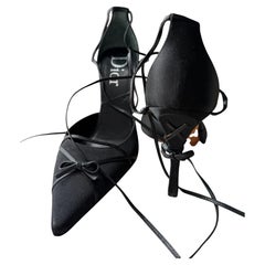 Black Satin Lace-Up Bow Pumps