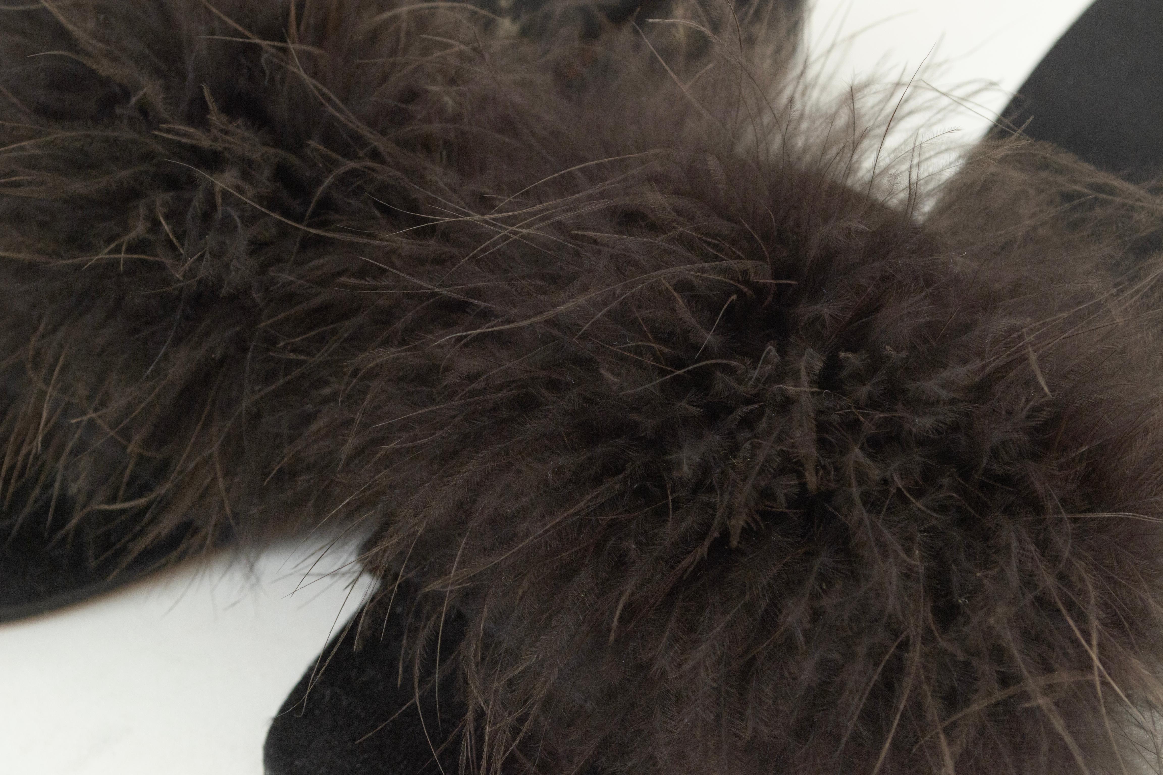 Mules à talons compensés en satin noir Marabou Pouf Boudoir - 5 A, 1950s en vente 2