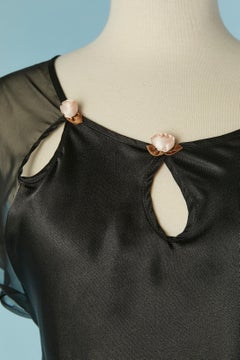 Black satin night gown with see-through sleeve and tiny roses Valentino Intimo