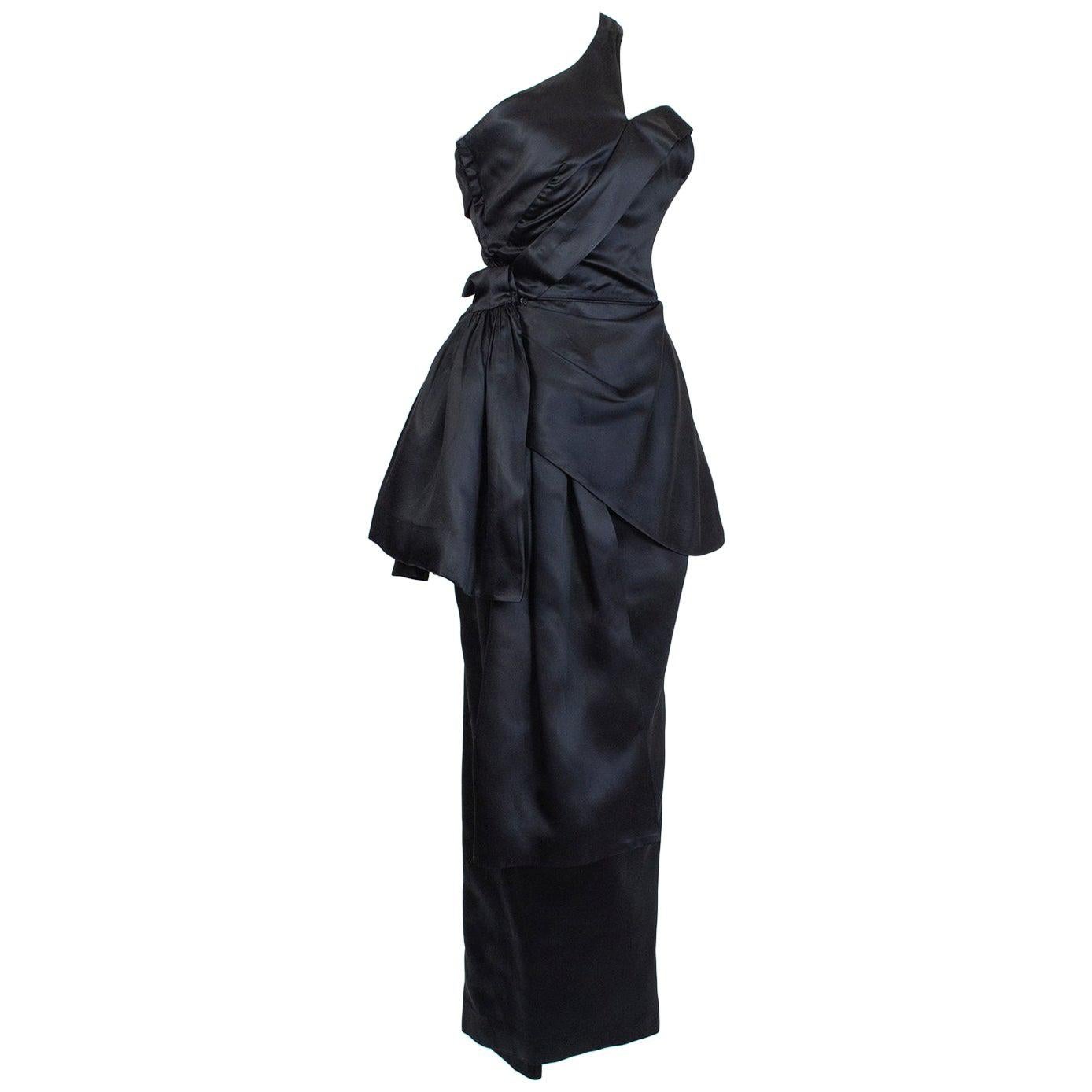 Black Satin Asymmetrical Mermaid Peplum Gown with Detachable Hip Sash- XS, 1950s