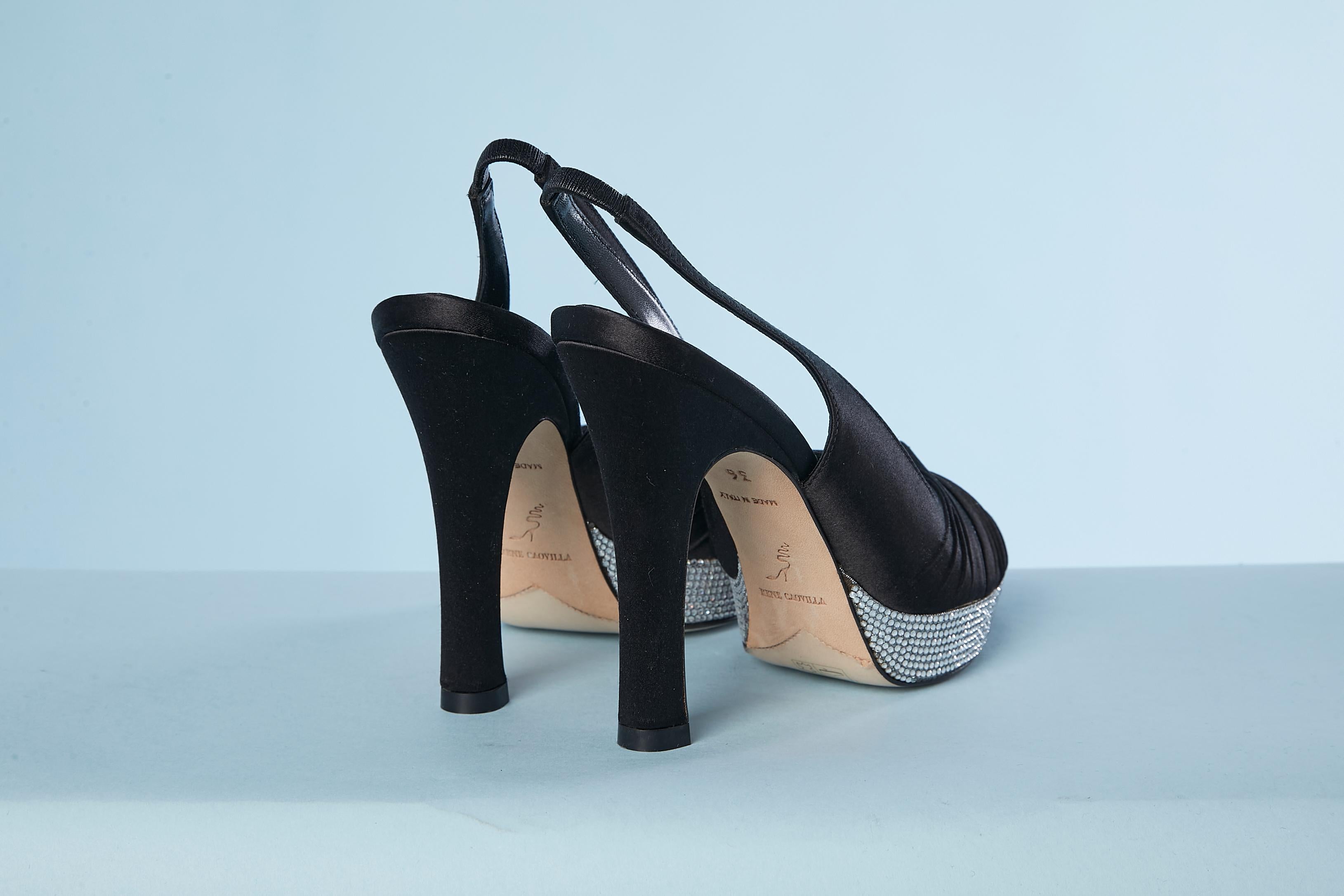 Women's Black satin open-toe sandal with rhinestone platform René Caovilla NEW  For Sale