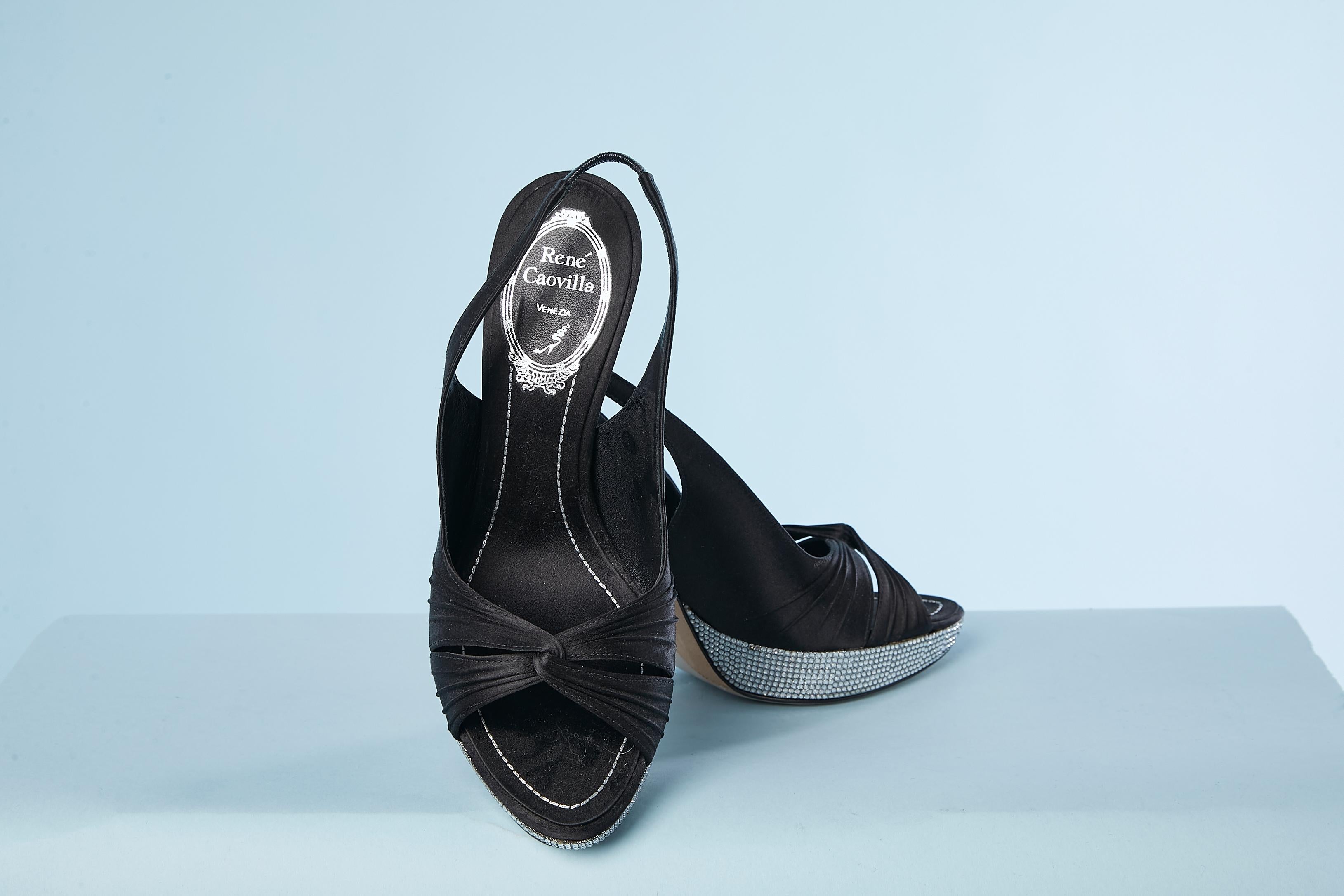 Black satin open-toe sandal with rhinestone platform René Caovilla NEW  For Sale 1