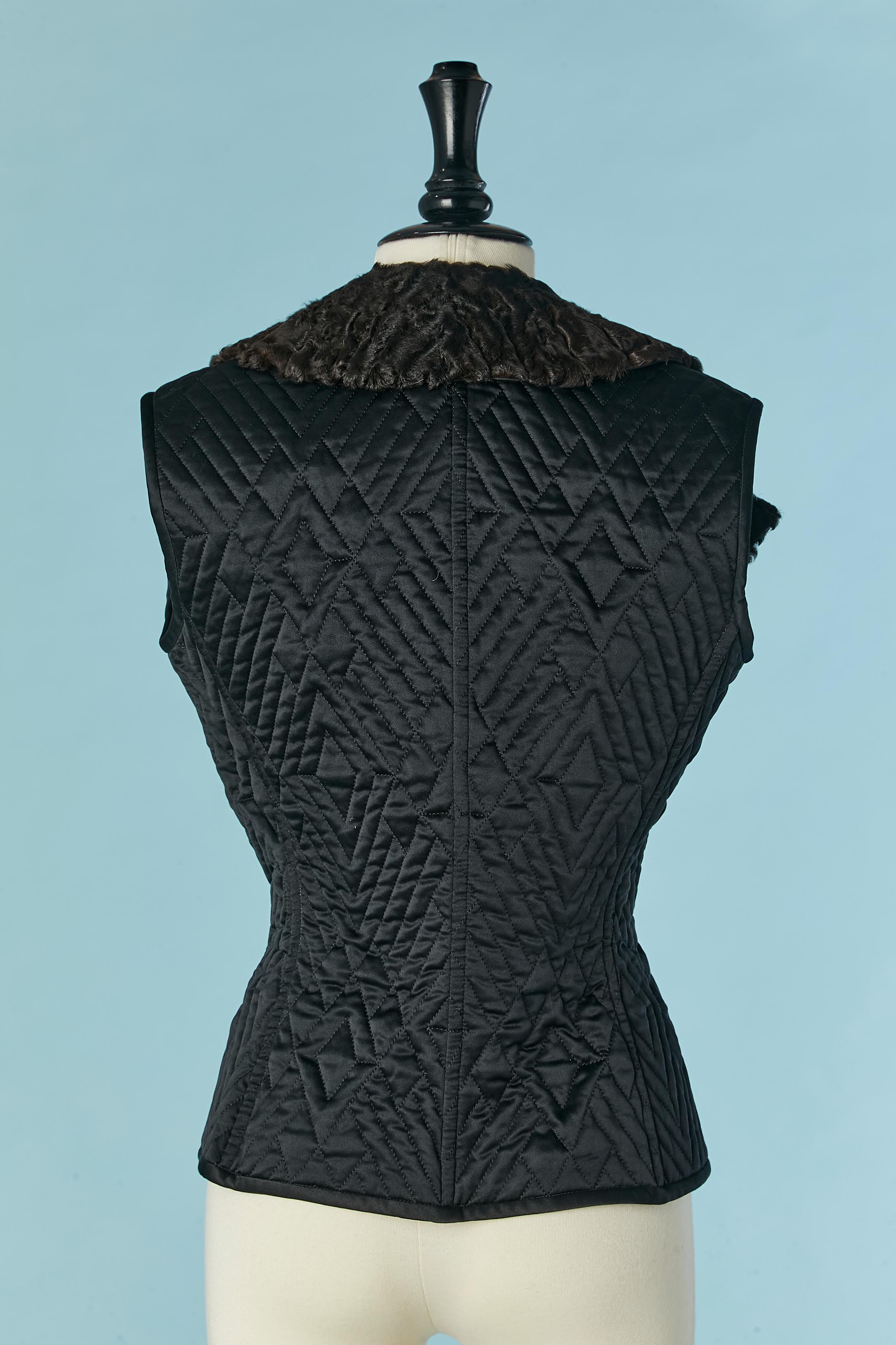Black satin quilted vest with fur collar Valentino Boutique For Sale 1