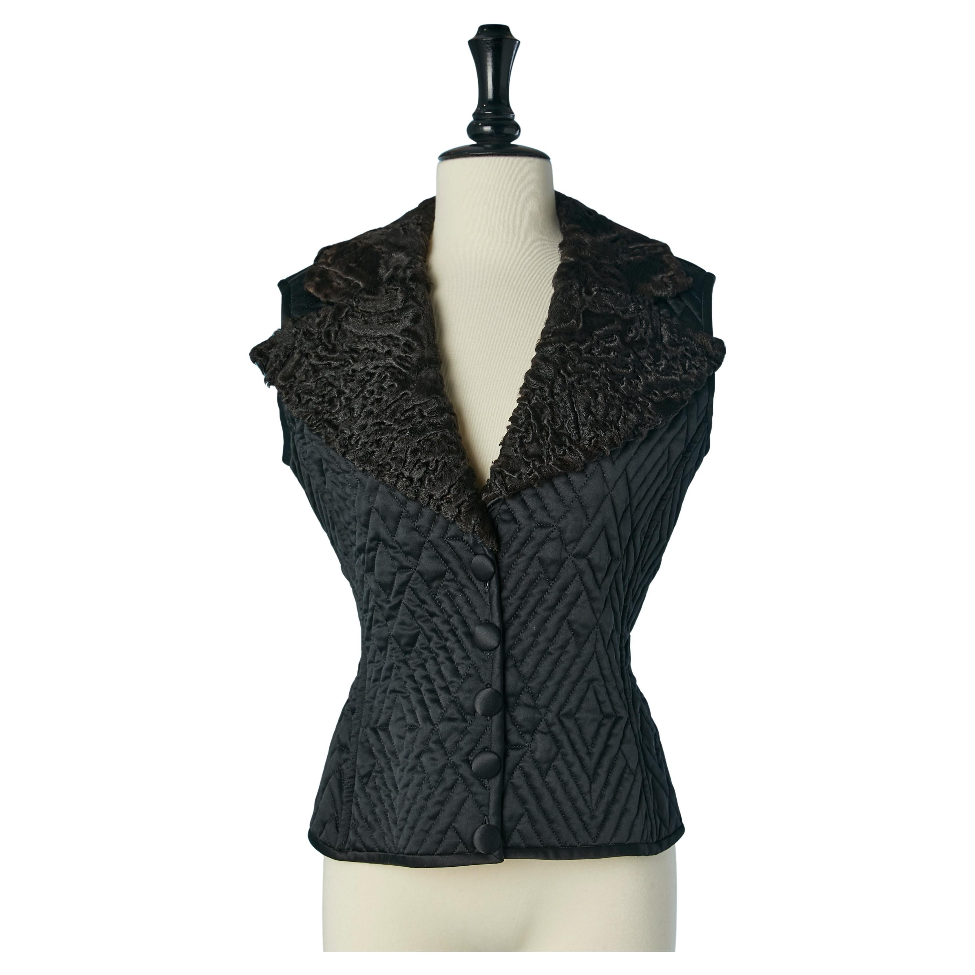Black satin quilted vest with fur collar Valentino Boutique For Sale