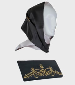 Black Satin Scarf and Evening Clutch Set with Gold Embroidery – 53”, 1950s