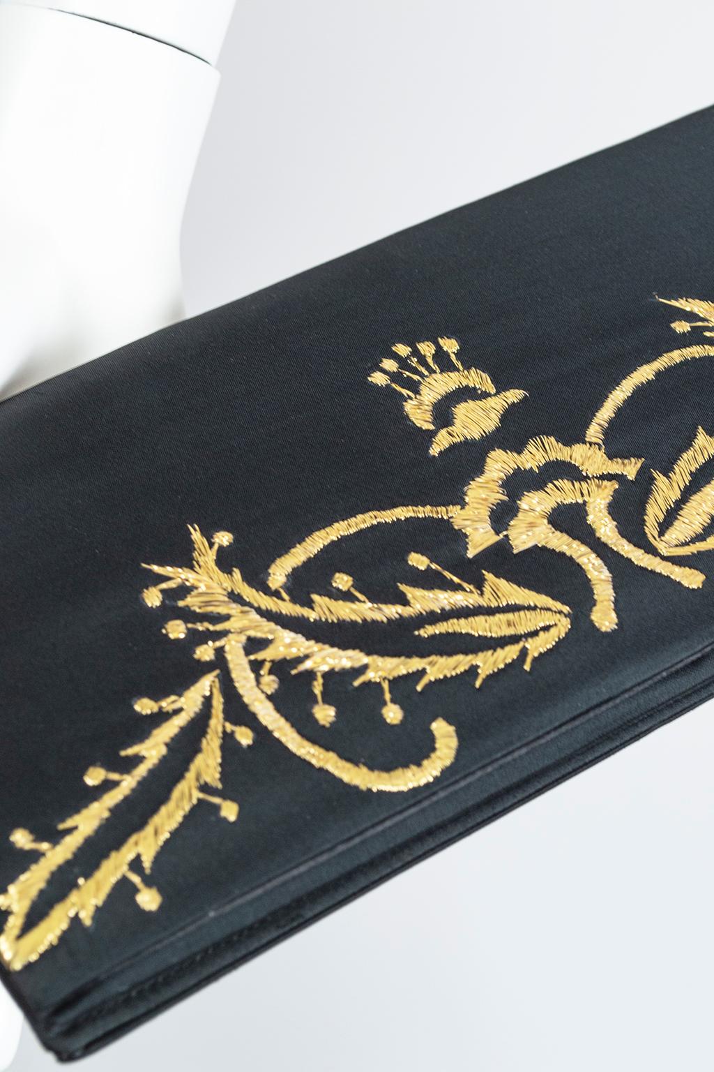 Black Satin Scarf and Matching Evening Clutch with Gold Embroidery – 53”, 1950s For Sale 4