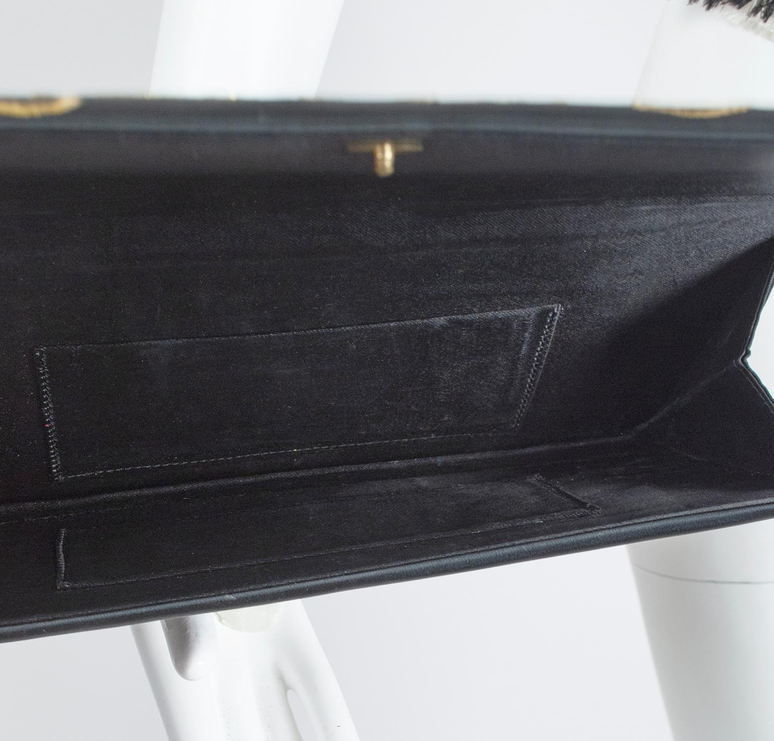 Black Satin Scarf and Matching Evening Clutch with Gold Embroidery – 53”, 1950s For Sale 6